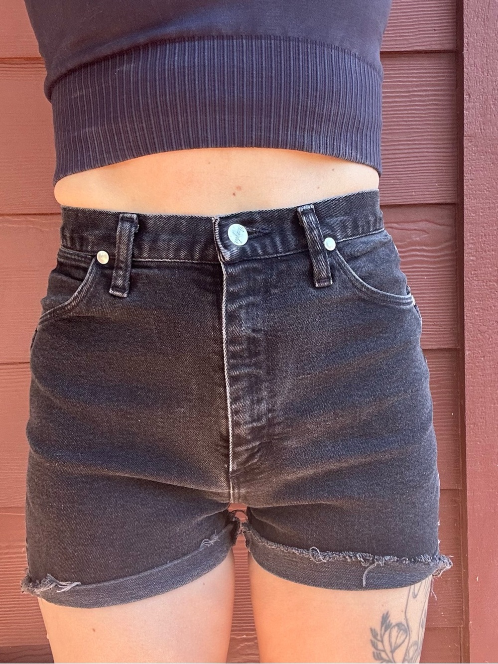 Wrangler Black Washed High-Rise Denim Shorts - Picture 2 of 4